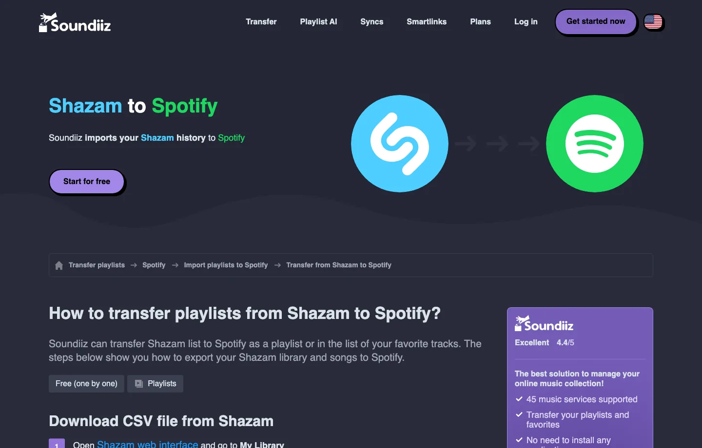 Soundiiz public Shazam to Spotify tutorial page