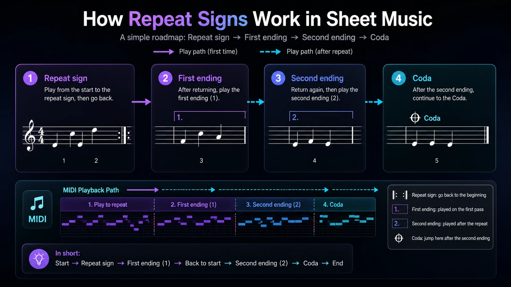 Repeat sign roadmap showing first ending, second ending, coda, and MIDI playback path