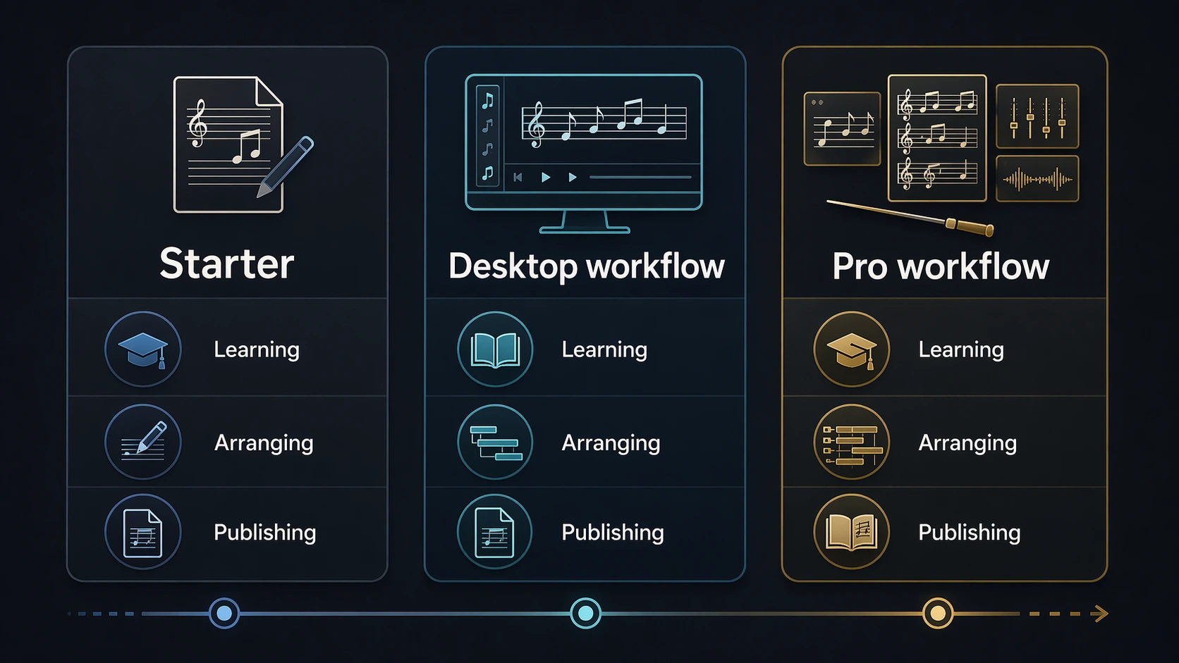 Decision guide for starter, desktop, and pro notation workflow depth