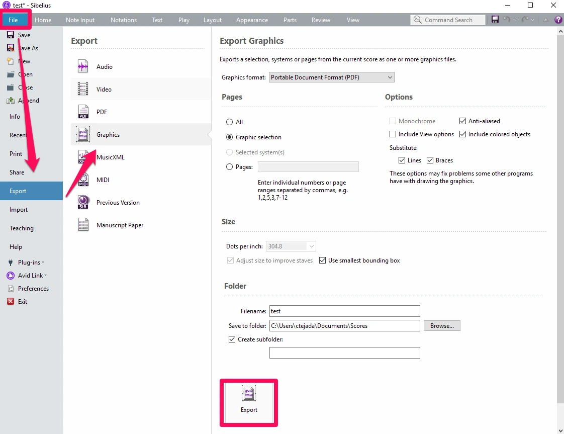 Sibelius export graphics workflow from Avid's public support article