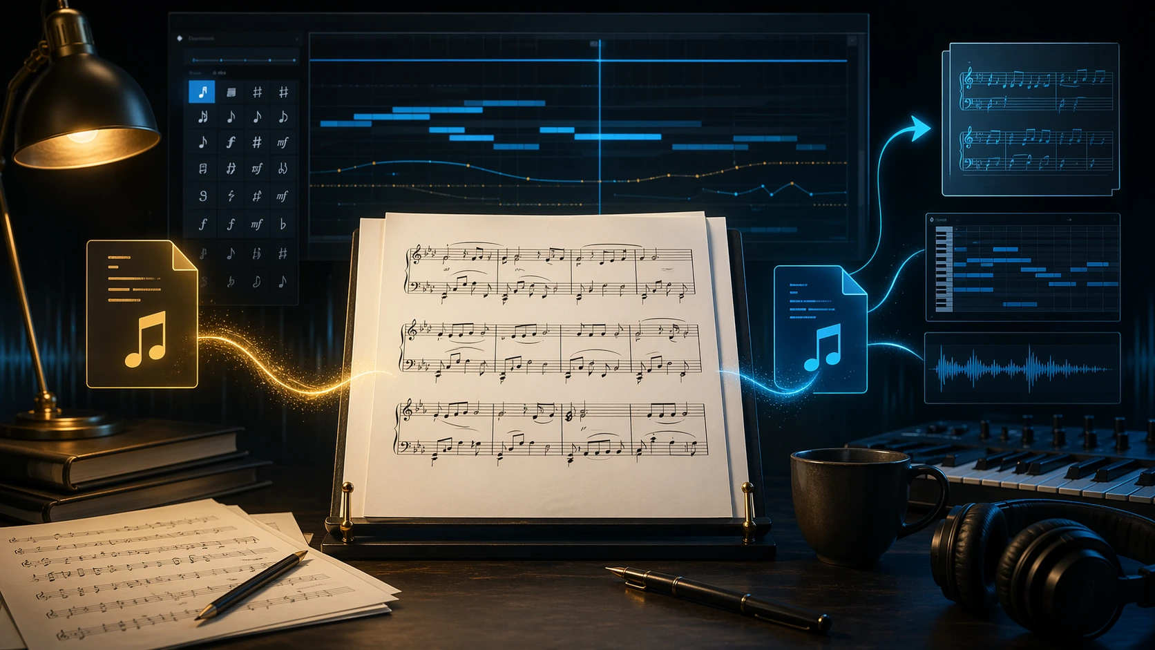 Copertina editoriale per una recensione di Sibelius con flusso di notazione ed editing della partitura