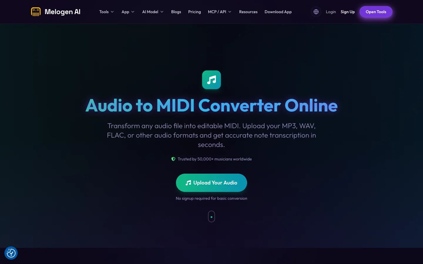 Melogen Audio to MIDI public product page screenshot