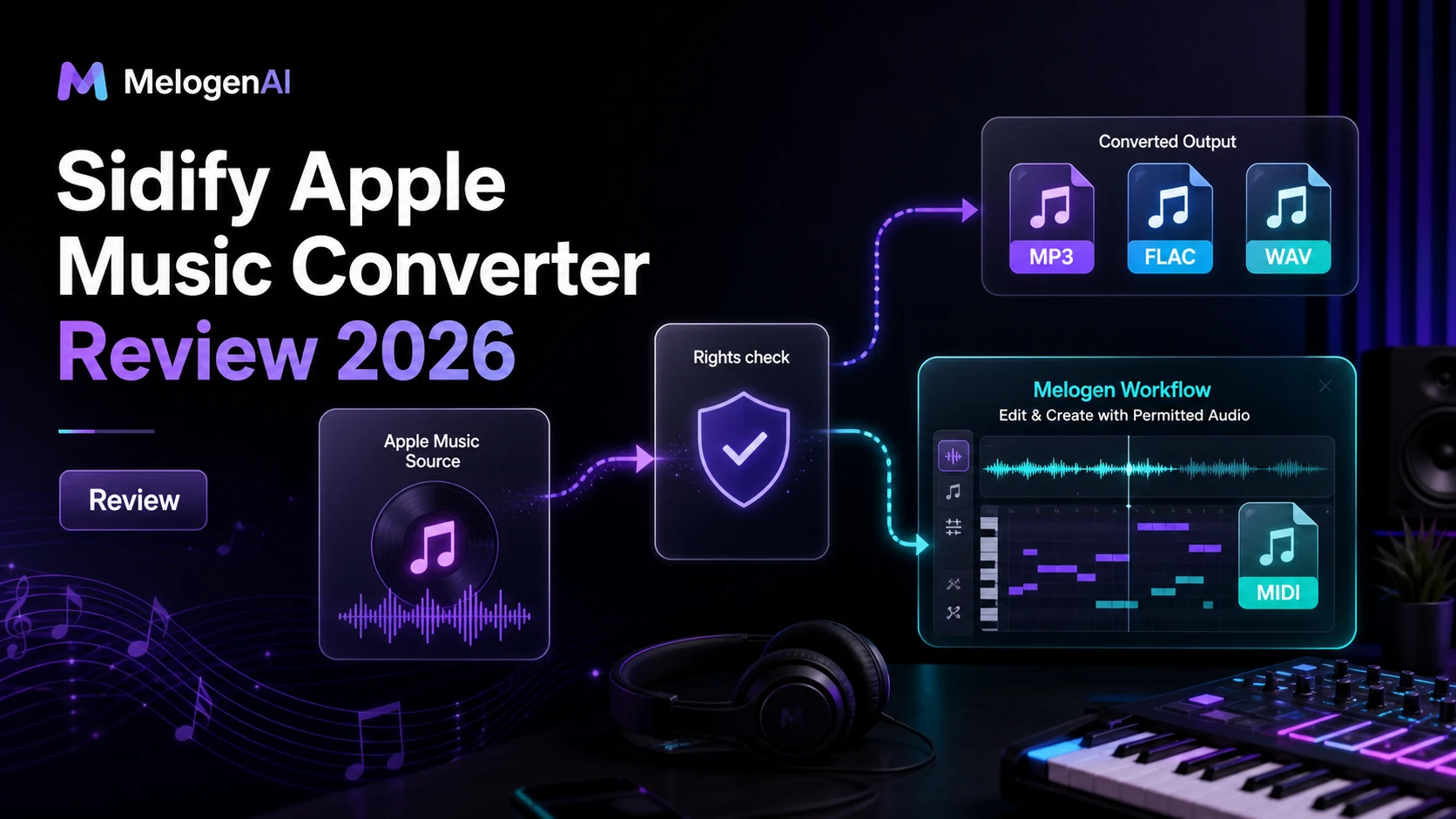 Editorial cover for a Sidify Apple Music Converter review with rights check and music workflow paths