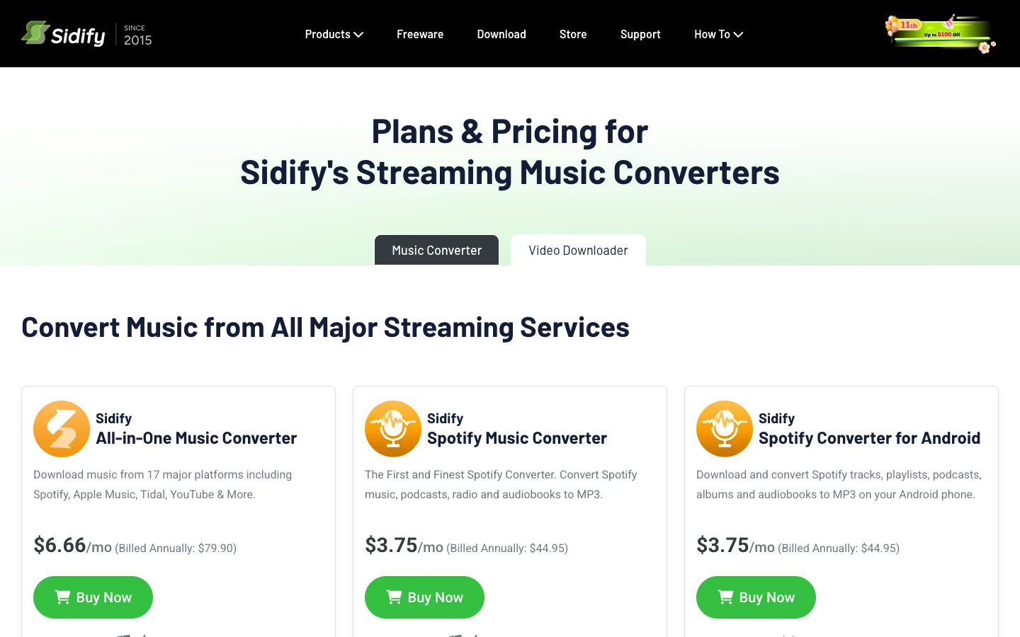 Sidify pricing page screenshot for streaming music converters