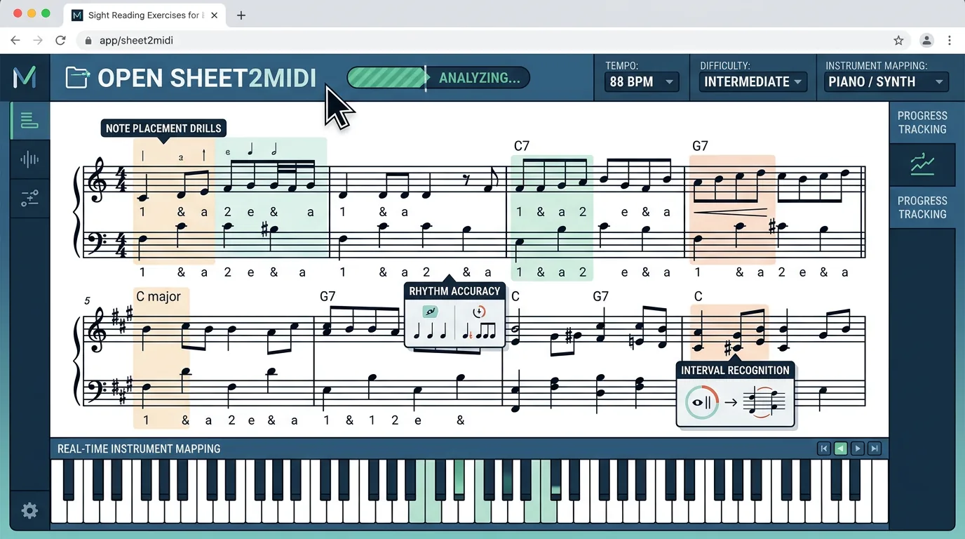 Sight reading exercise practice loop with notation and playback cues