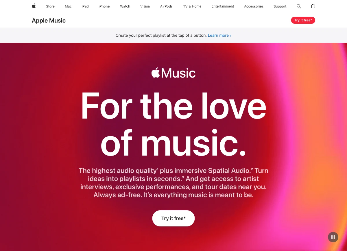 Apple’s official Apple Music page showing a current subscription entry point
