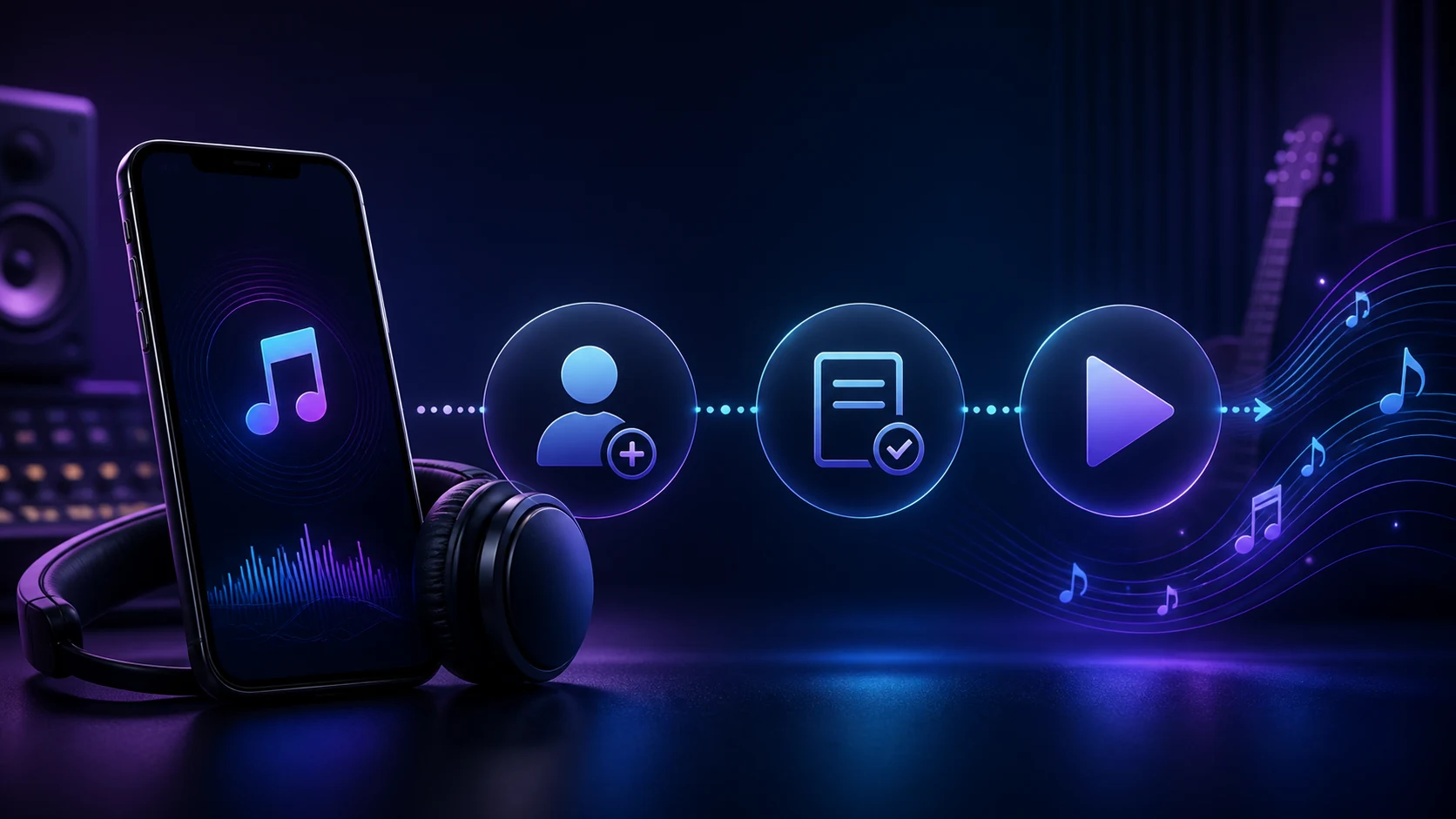 Phone, headphones, and a neutral account-to-playback music subscription journey