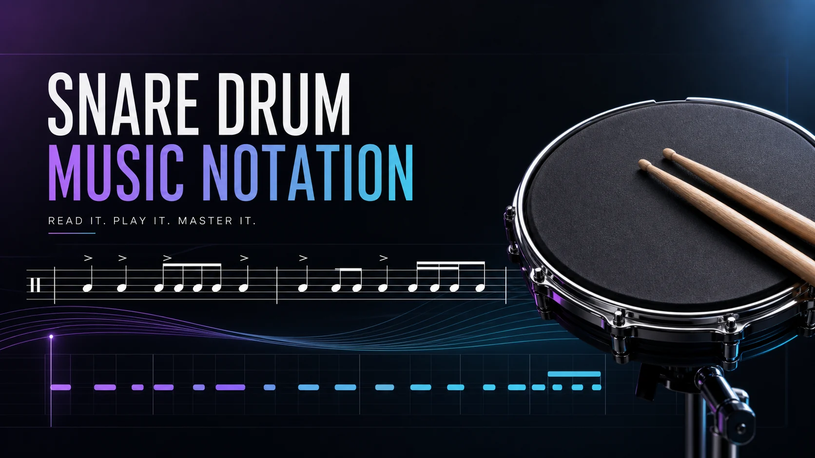 Snare drum music notation with a practice pad, staff notes, accents, and MIDI lane cues
