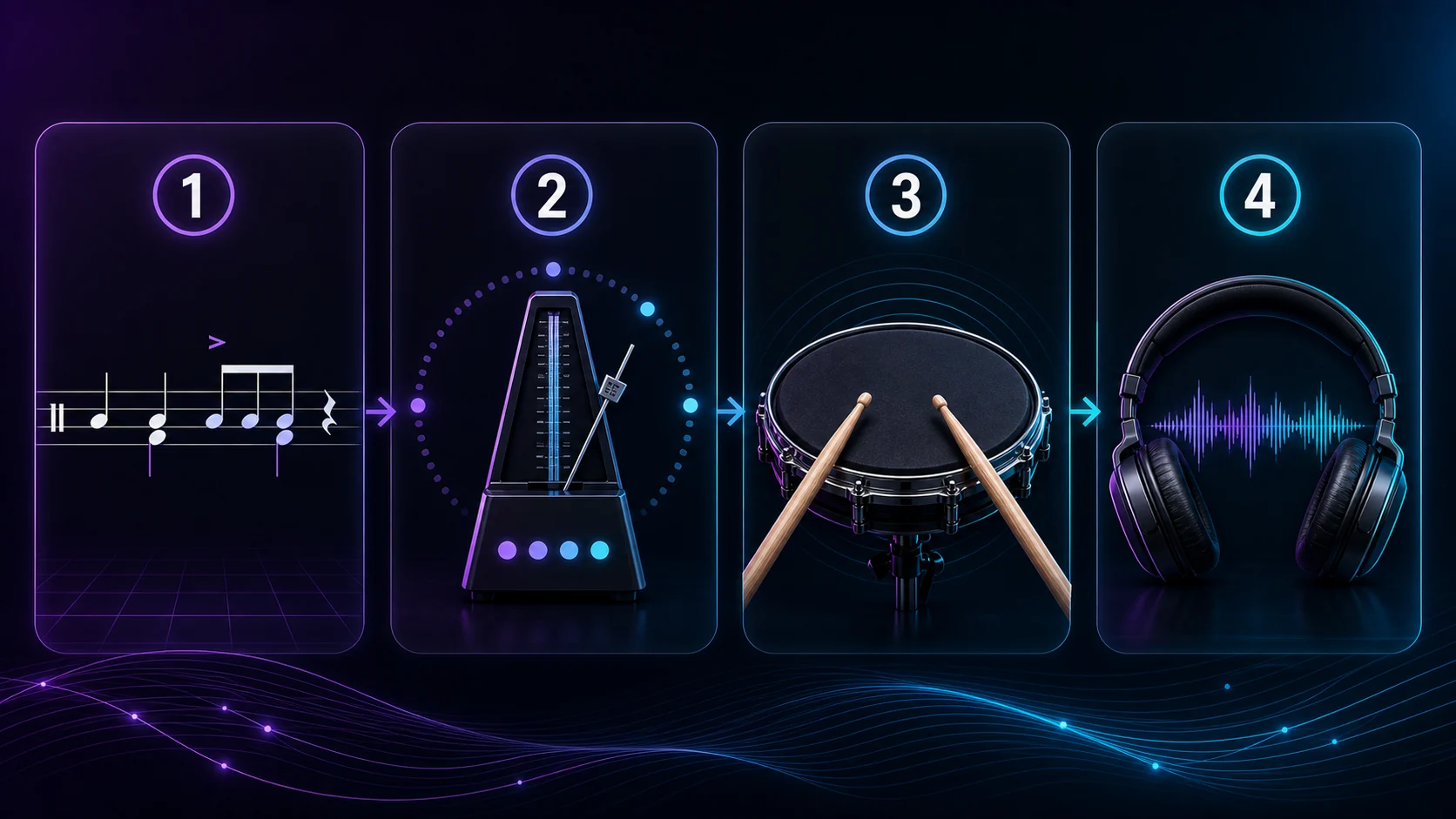 Four-step snare notation practice workflow from reading notation to counting, playing on a pad, and listening back