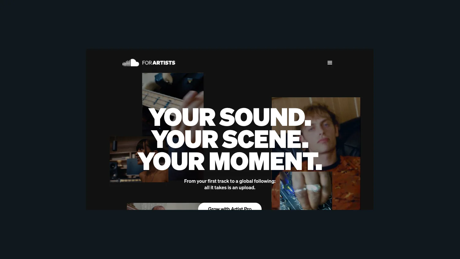 SoundCloud for Artists public page showing upload-first creator positioning