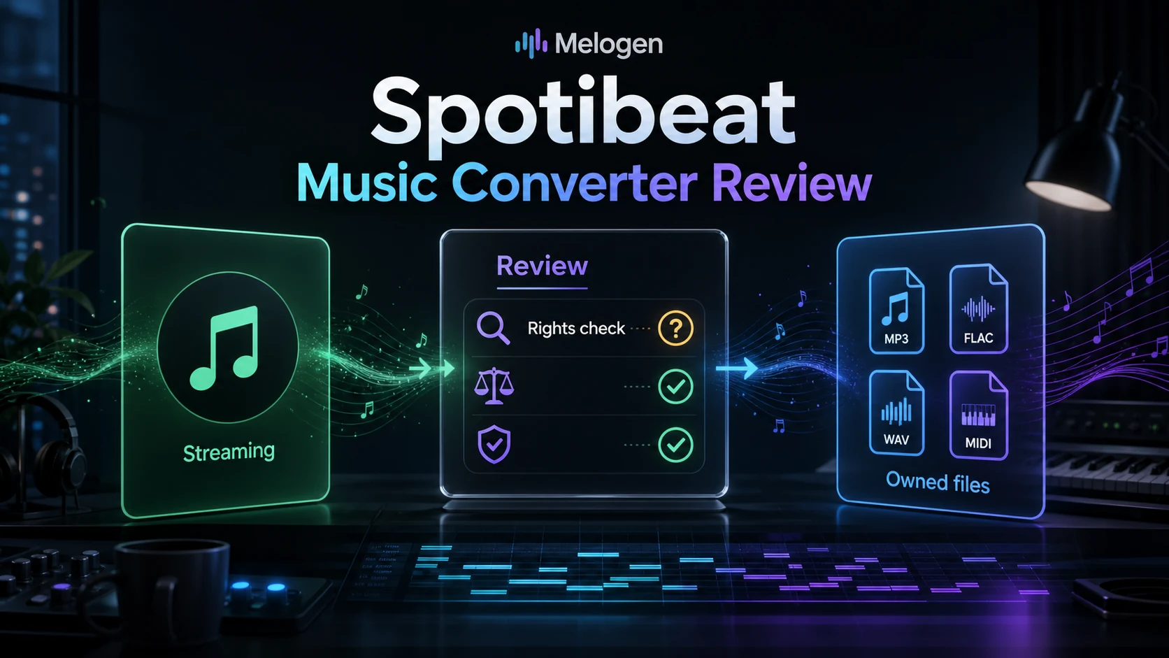 Editorial cover for a Spotibeat Music Converter review with rights checks and owned-file workflow cues