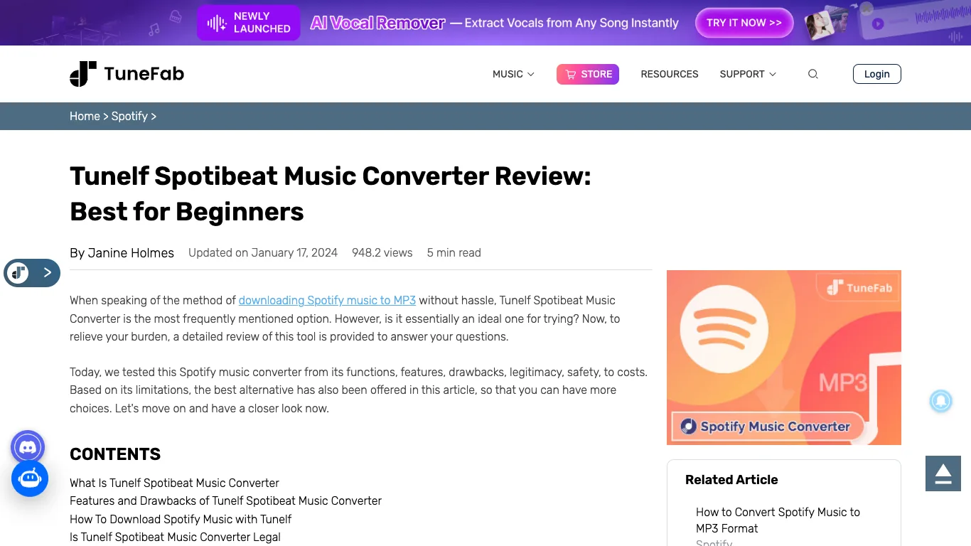 TuneFab public review page for Tunelf Spotibeat Music Converter