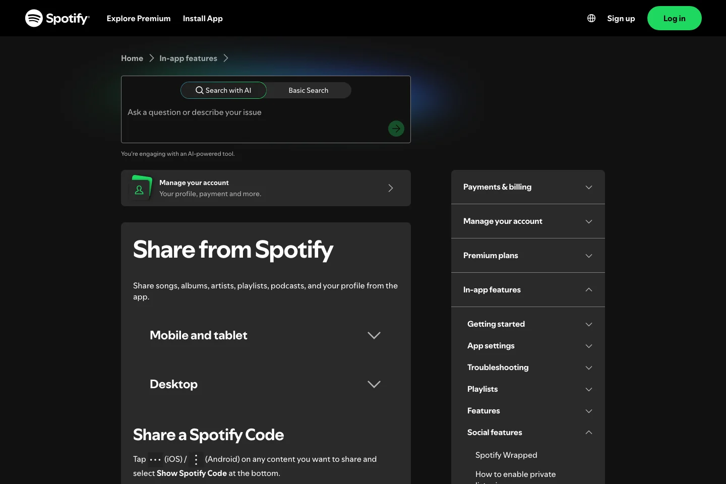 Spotify official support page for sharing from Spotify