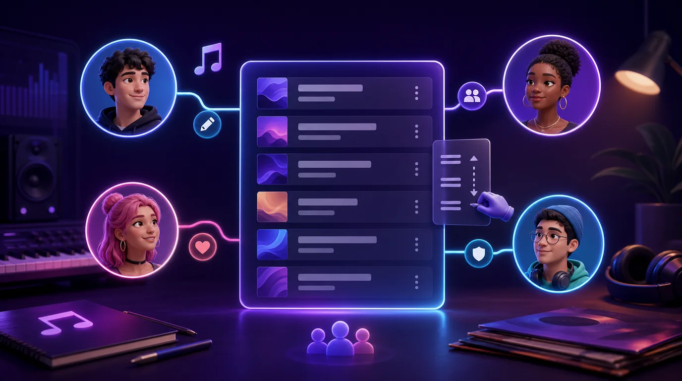 Friends connected to a shared music playlist with collaboration and reorder controls
