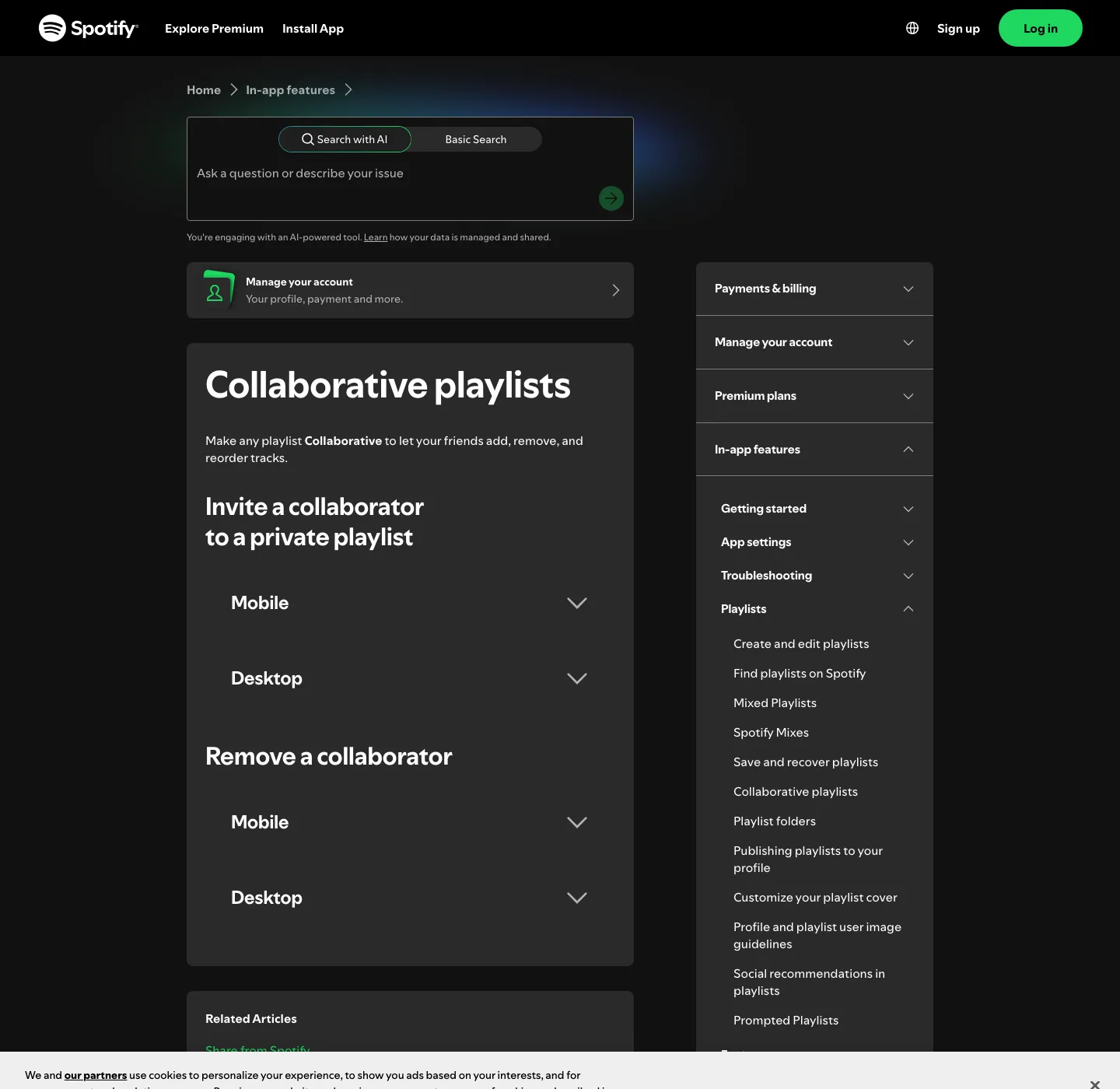 Spotify official collaborative playlists support page showing invite and remove collaborator guidance