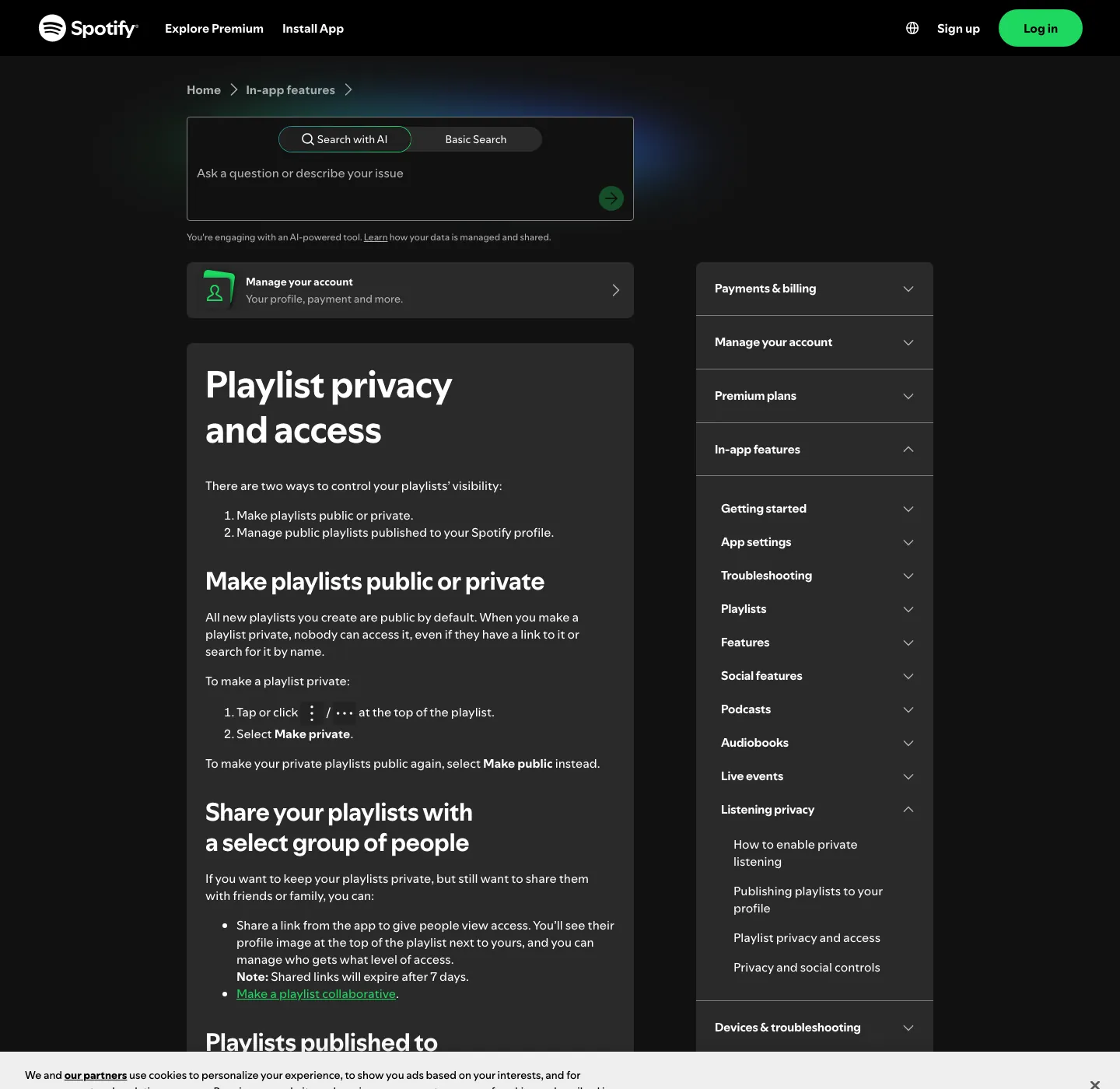 Spotify official playlist privacy and access page explaining private playlists and selected sharing