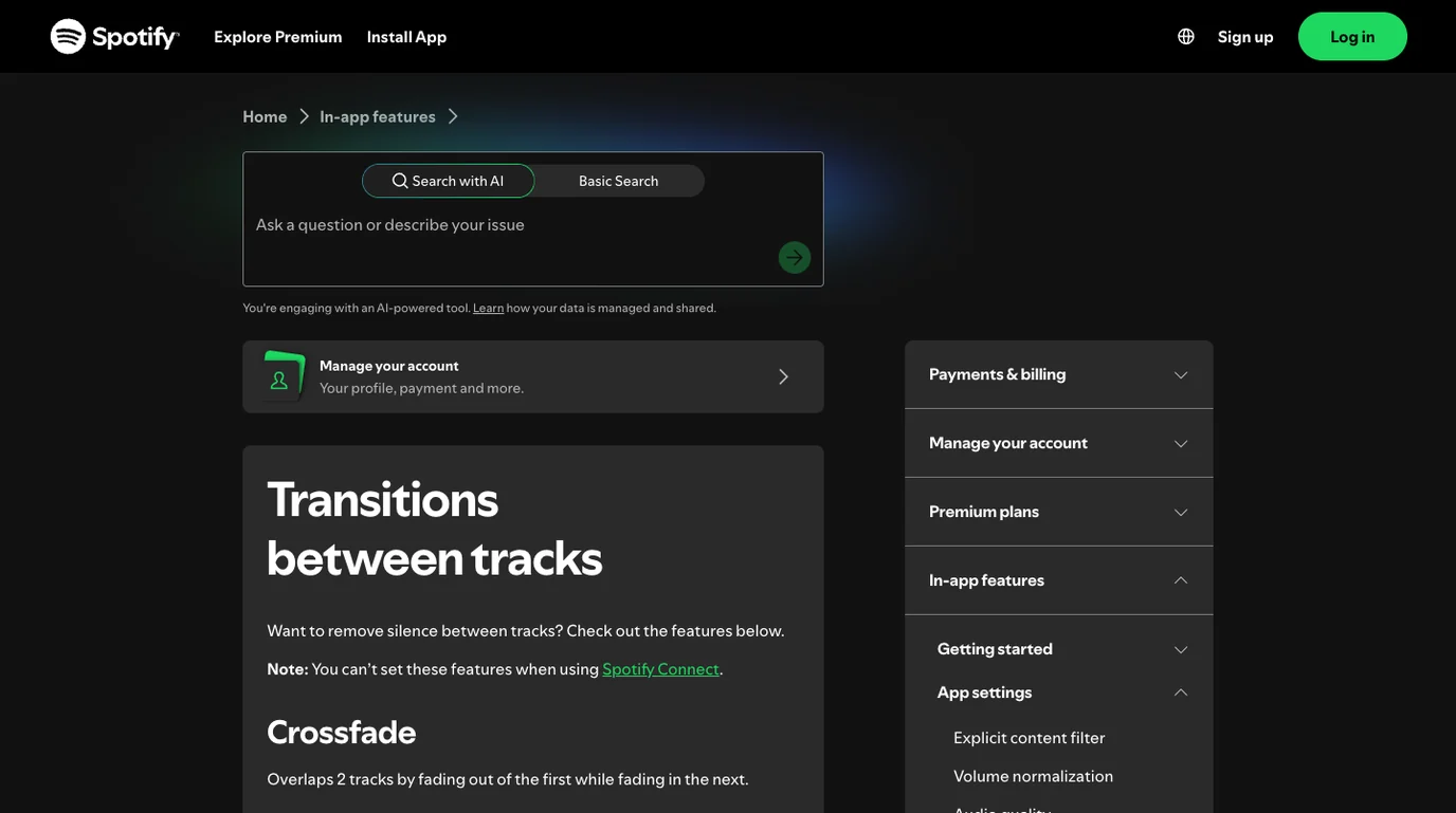 Spotify official support page showing the Crossfade section under transitions between tracks
