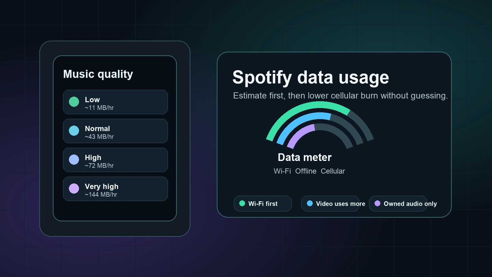 Spotify data usage estimates with Wi-Fi, offline listening, cellular data, and owned audio boundaries