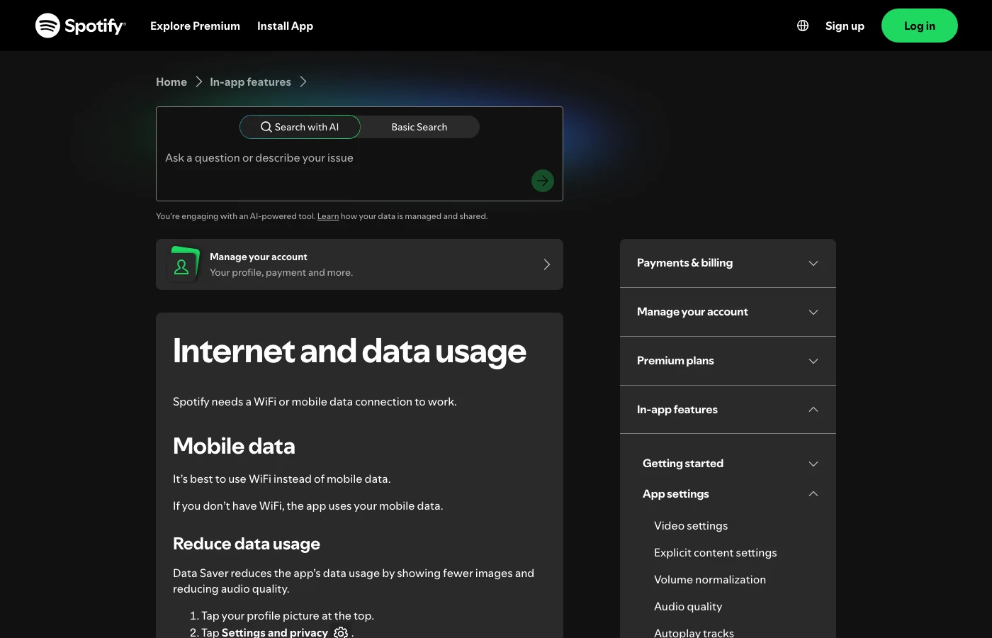Spotify official Internet and data usage support page