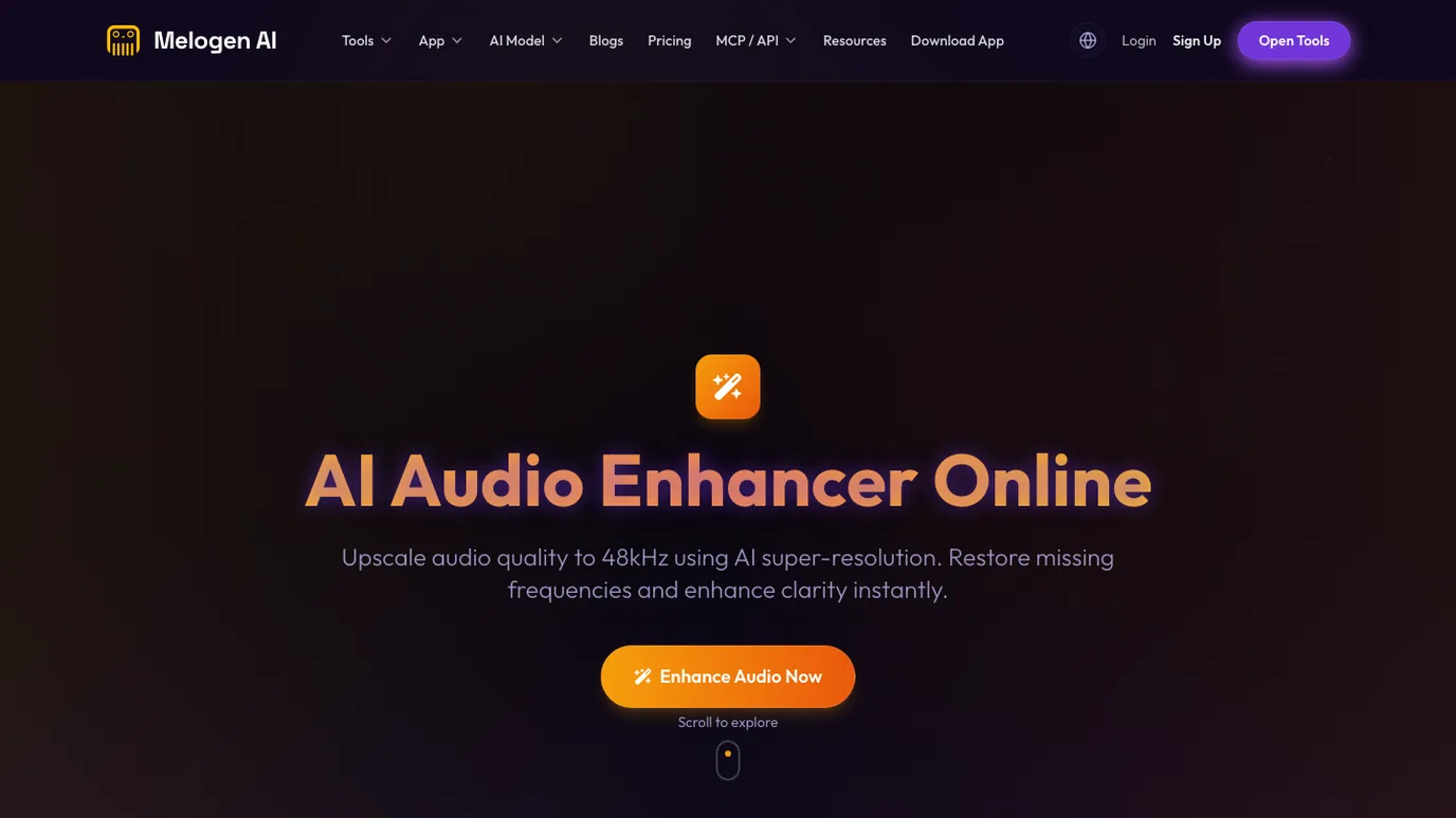 Melogen Audio Enhancer page for improving local audio files