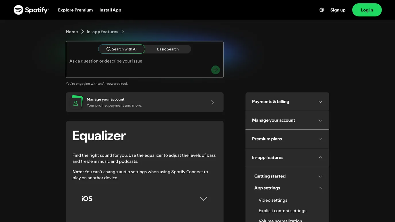 Spotify official Equalizer support page showing iOS Android and desktop sections