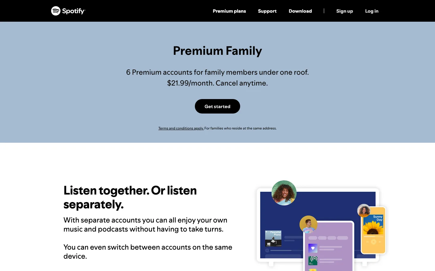Spotify official Family page showing the current Family price and account limit