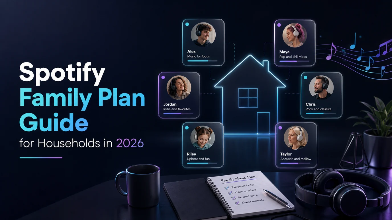 Household music profiles around a shared home for a Spotify Family Plan guide