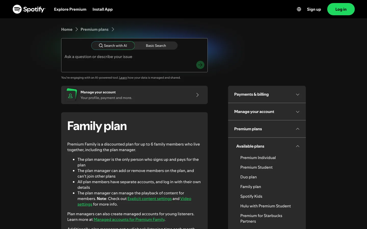 Spotify support page explaining the Family plan manager and member rules