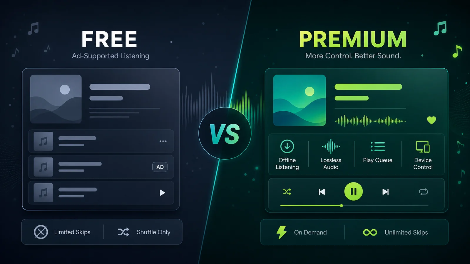 Comparaison visuelle entre Spotify Free et Premium
