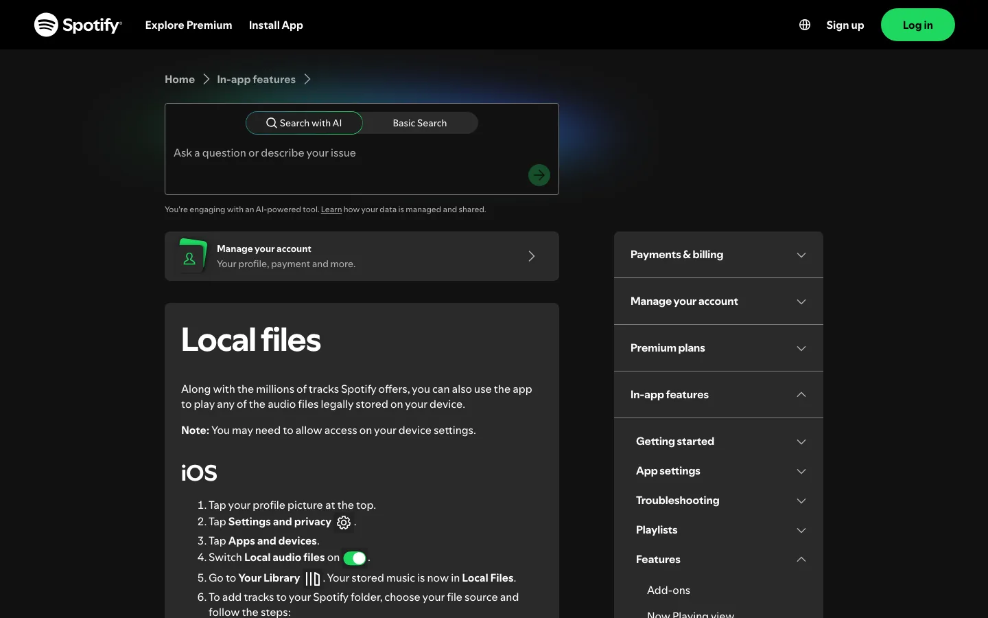 Página de soporte de Spotify sobre archivos locales