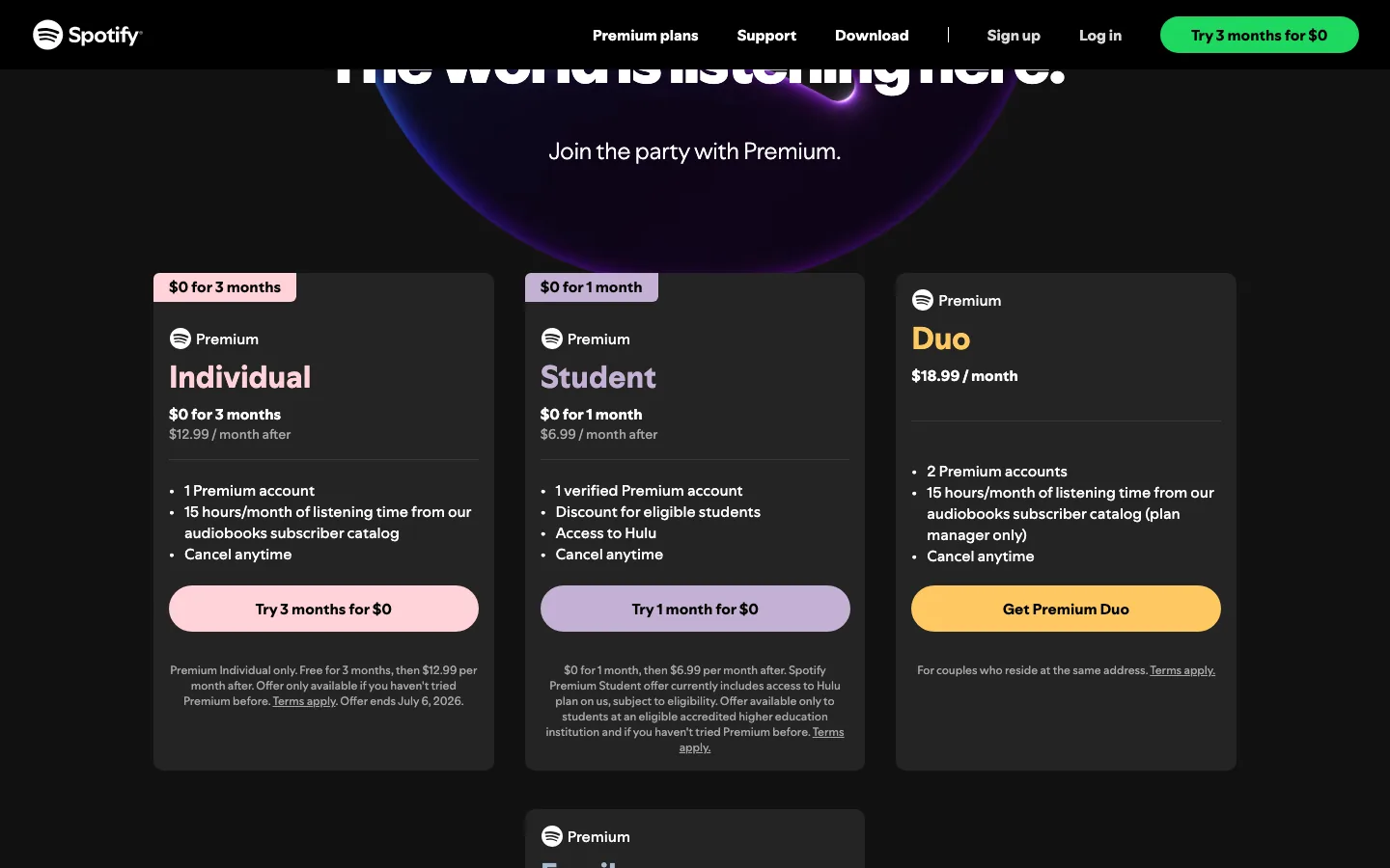Página oficial de Spotify Premium usada para comparar funciones