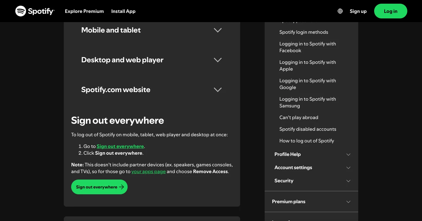 Spotify official support page showing the Sign out everywhere account option