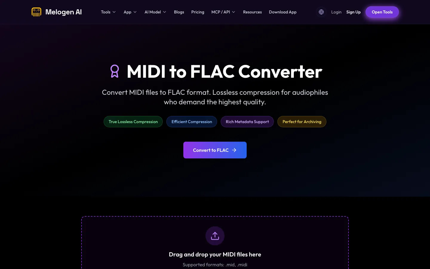Melogen MIDI to FLAC converter page for rendering owned MIDI files as lossless audio