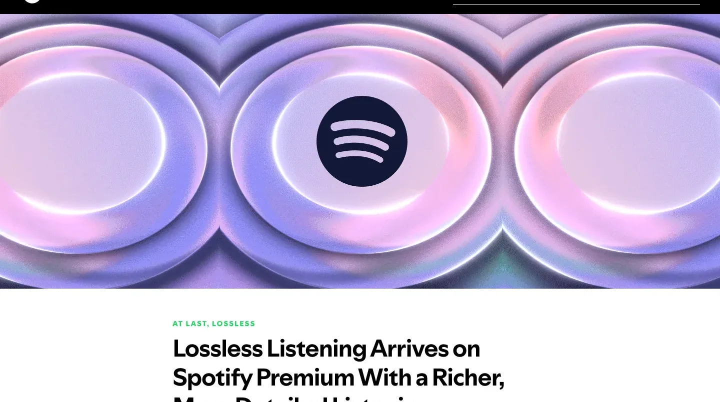 Spotify newsroom page announcing Lossless for Premium listeners