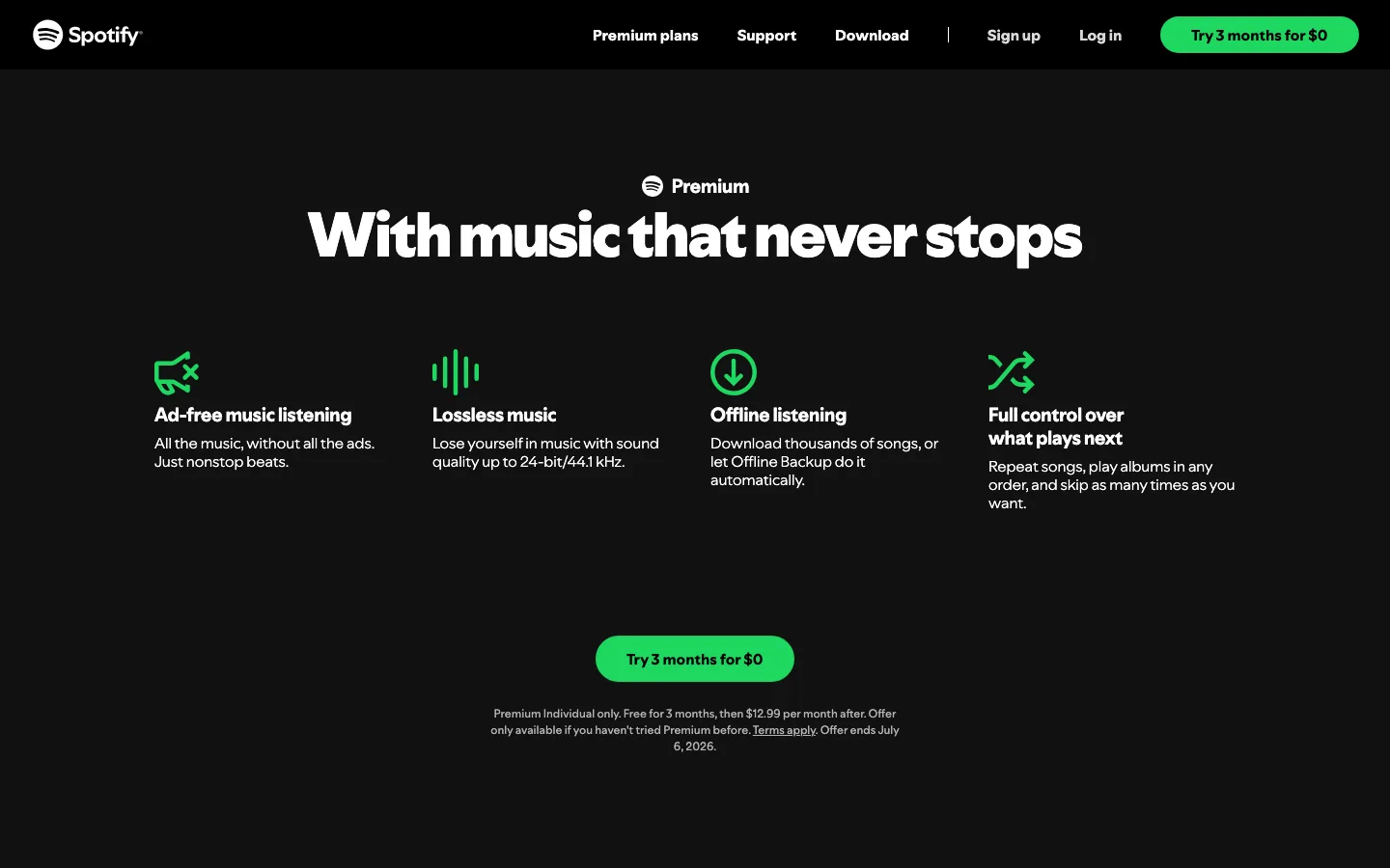 Spotify Premium page showing lossless music up to 24-bit 44.1 kHz