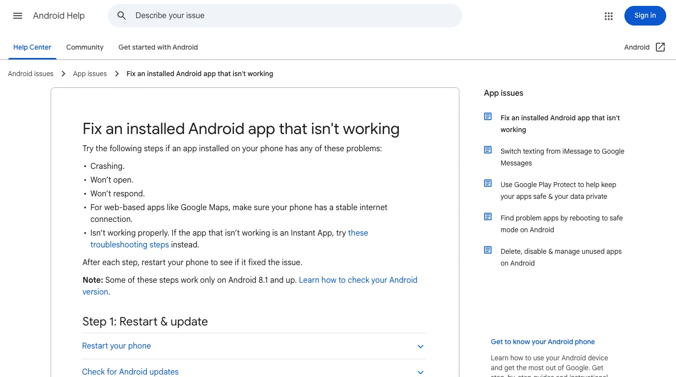 Google Android Help page for fixing an installed app that is not working