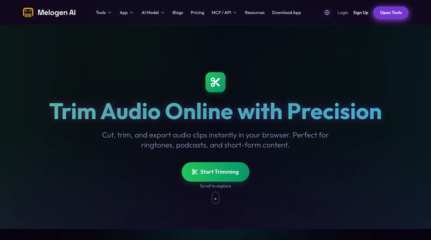 Melogen Music Trimmer page for editing permitted local audio after Spotify is stable
