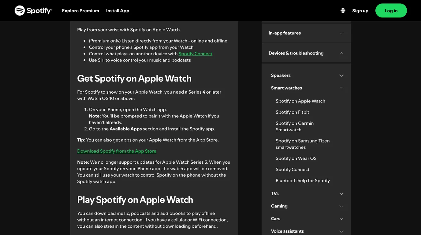 Spotify official Apple Watch requirements and playback options
