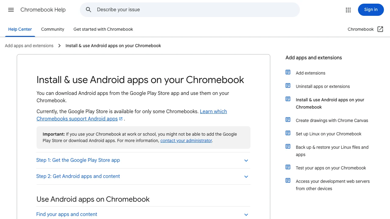 Google Chromebook Help page explaining Android app support and managed-device limits
