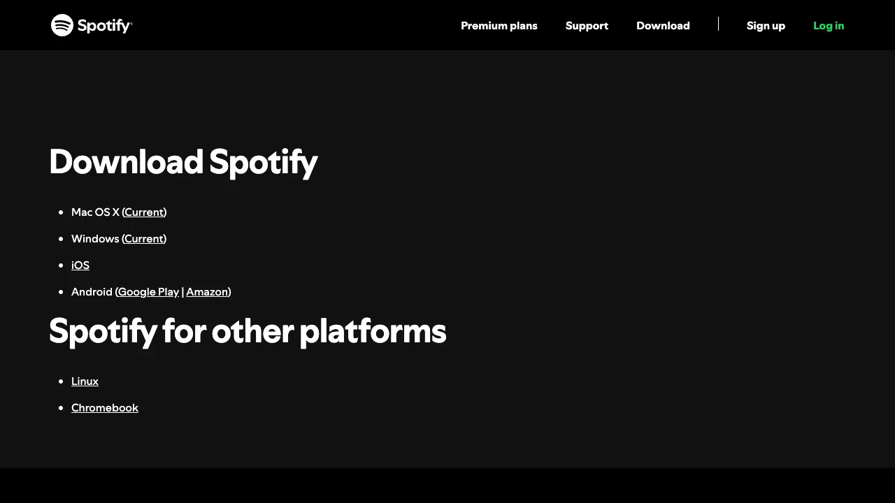 Spotify official download page listing Chromebook as another supported platform