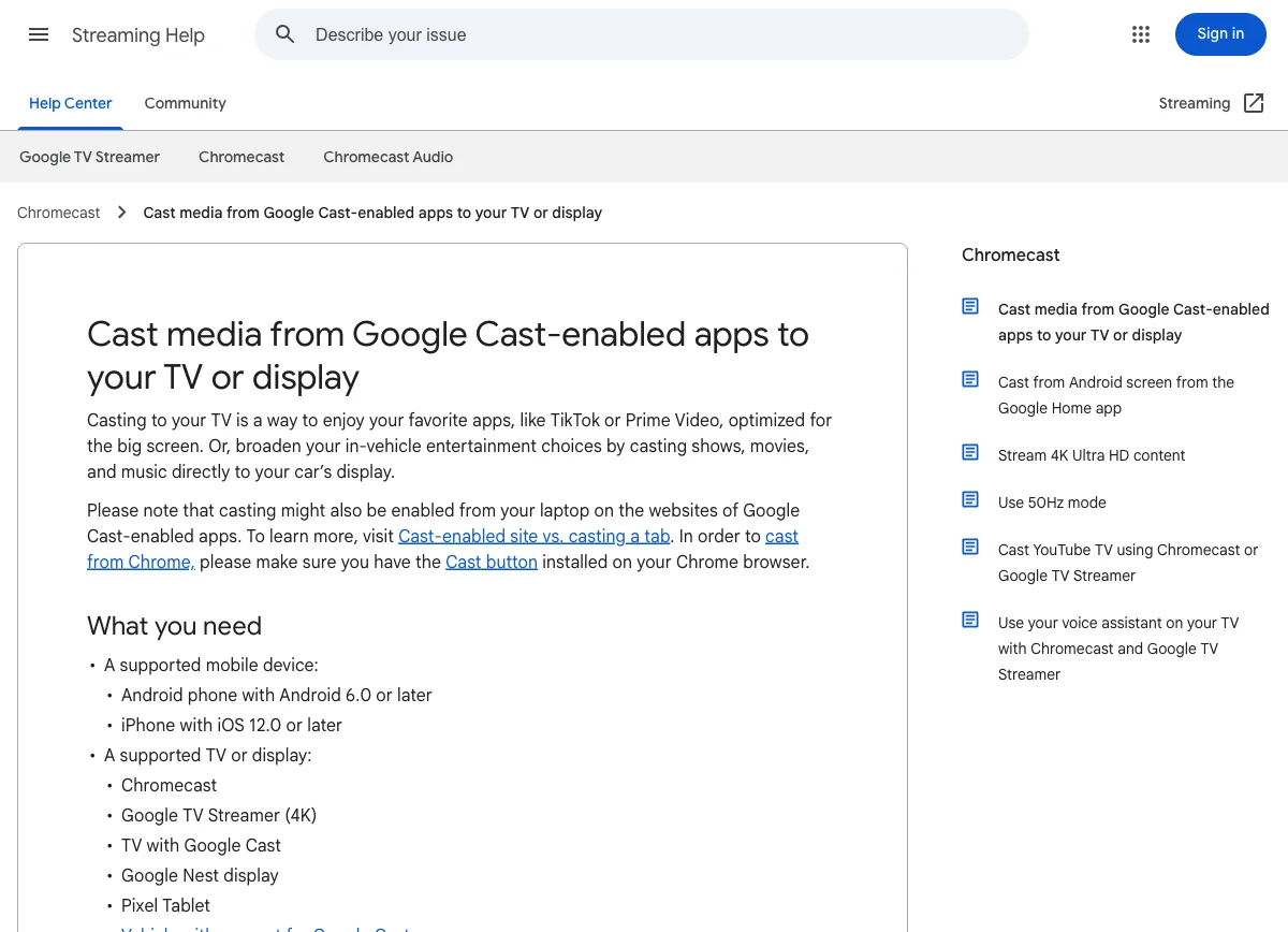 Google Cast support page listing supported displays and setup requirements