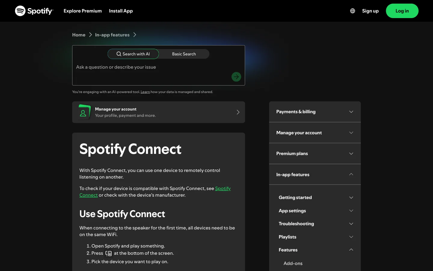 Spotify Connect support page showing same-Wi-Fi setup and device selection