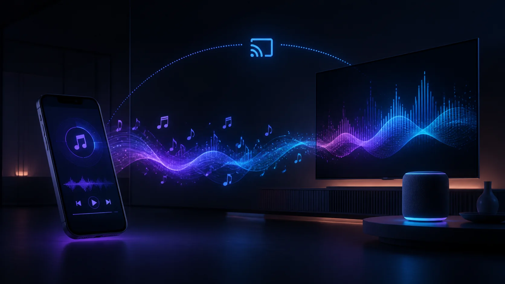 Phone casting music wirelessly to a television and smart speaker