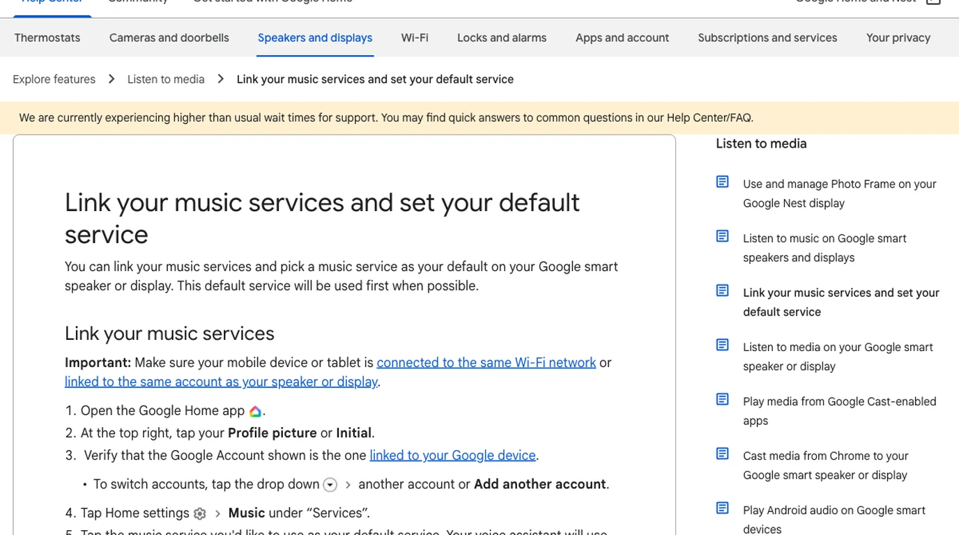 Google Home and Nest official guide for linking music services and choosing a default