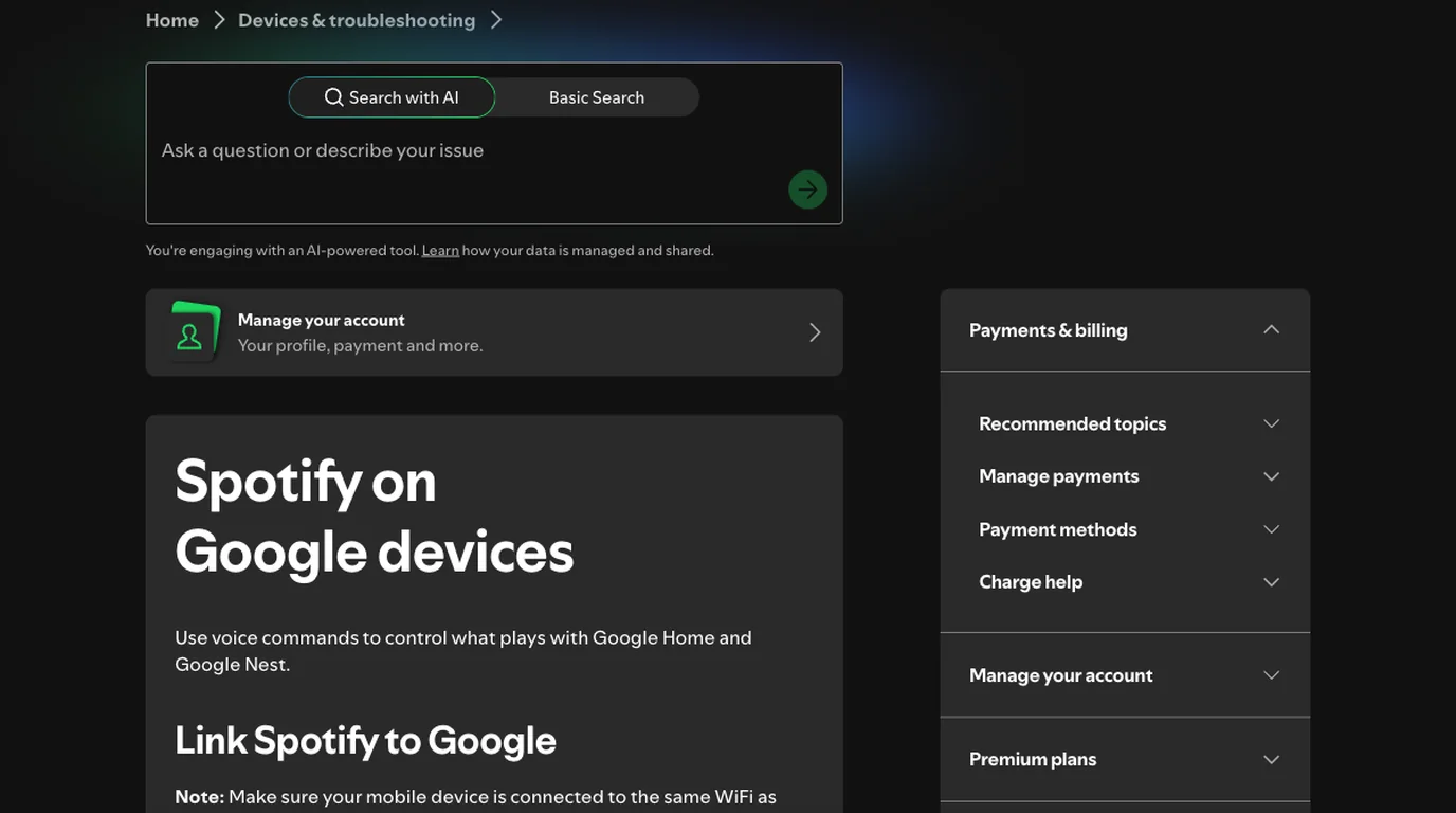 Spotify official support page for Google Home and Google Nest devices