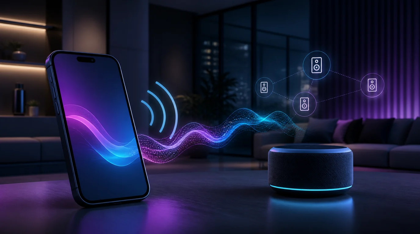 Phone controlling music on a smart home speaker over a wireless connection