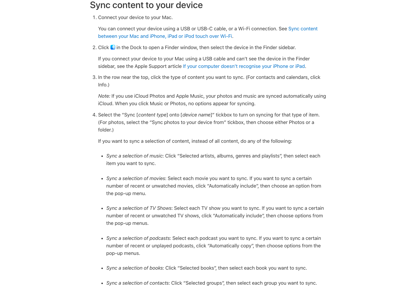Apple Finder guide showing how to sync selected content to an iPod or other device