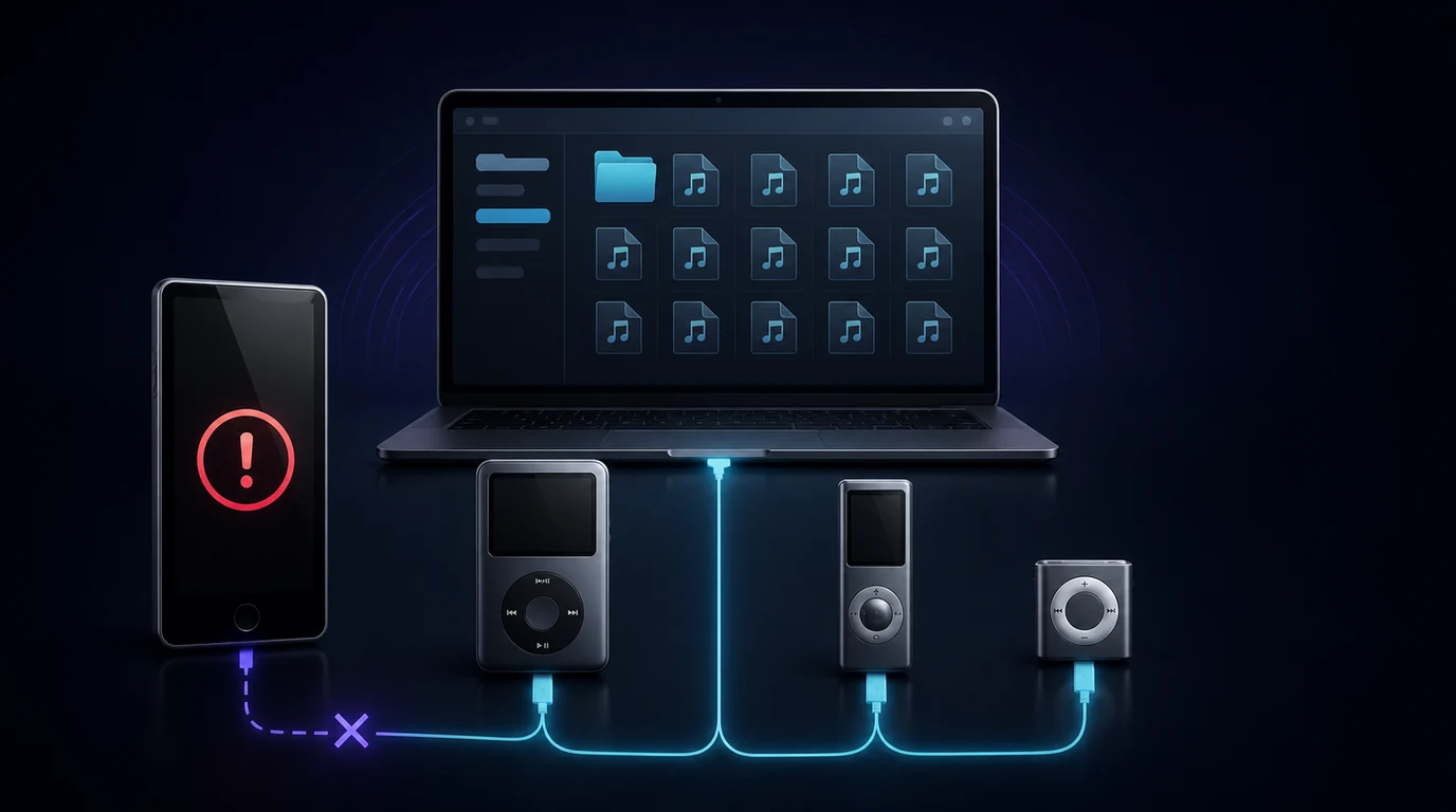 Legacy touchscreen and click-wheel music players beside a laptop library
