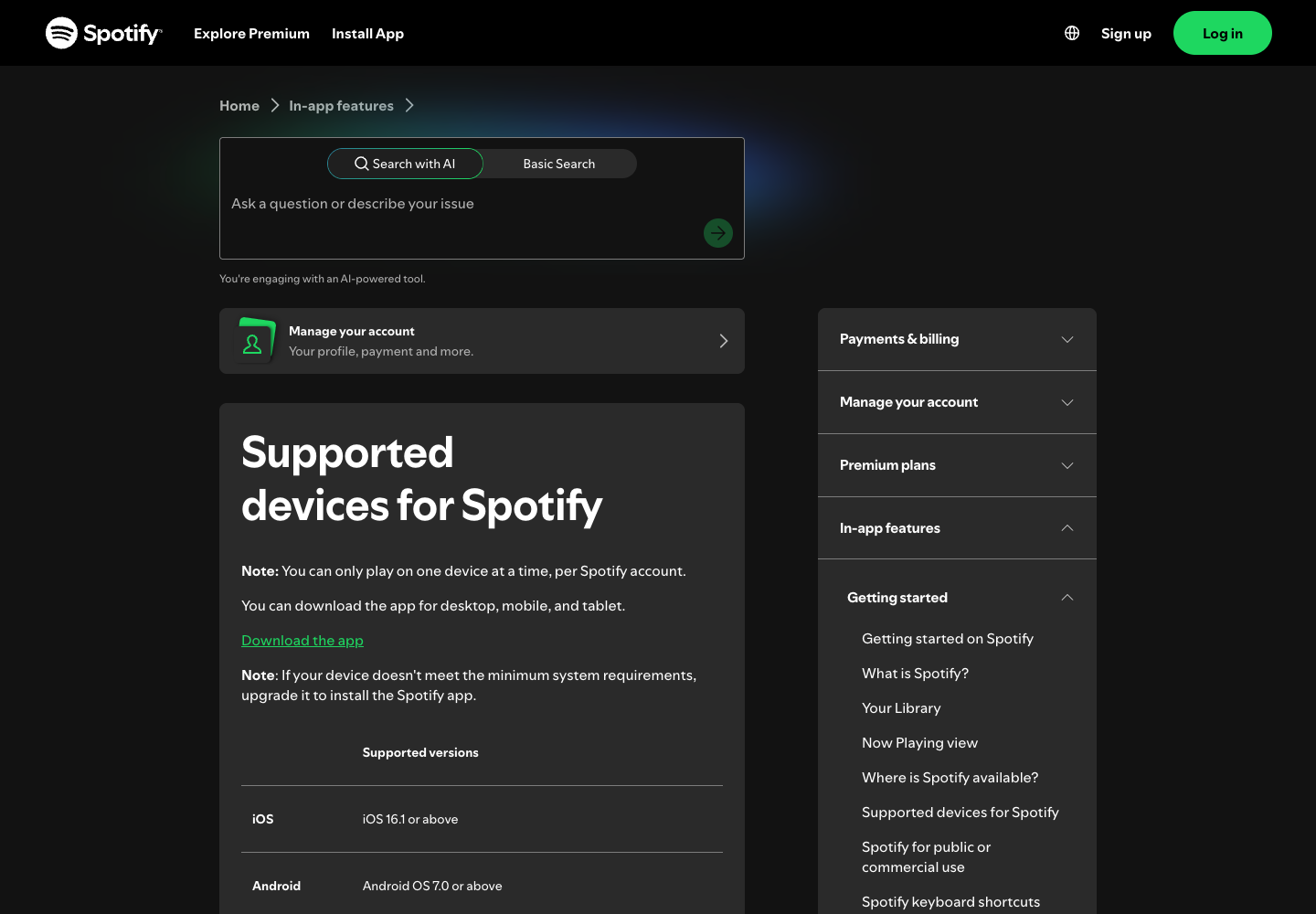 Spotify official supported devices page showing the iOS 16.1 minimum