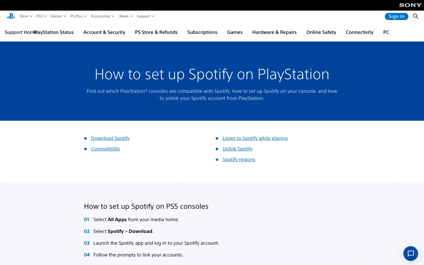 PlayStation official support page for setting up Spotify on PS4 and PS5